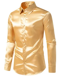 Men's Shirt Satin Shirt Casual Shirt Button Up Shirt Black Yellow Blue Red Light Grey Long Sleeve Plain Lapel Vacation Daily Clothing Apparel Fashion Casual Comfortable