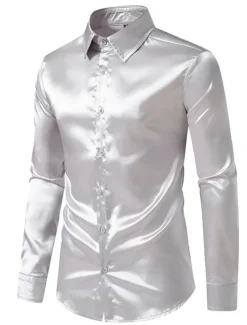 Men's Shirt Satin Shirt Casual Shirt Button Up Shirt Black Yellow Blue Red Light Grey Long Sleeve Plain Lapel Vacation Daily Clothing Apparel Fashion Casual Comfortable