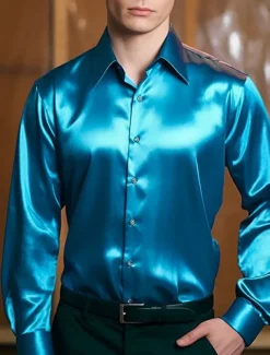 Men's Shirt Satin Shirt Casual Shirt Button Up Shirt Black Yellow Blue Red Light Grey Long Sleeve Plain Lapel Vacation Daily Clothing Apparel Fashion Casual Comfortable