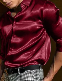 Men's Shirt Satin Shirt Casual Shirt Button Up Shirt Plain Wedding Vacation Black White Blue Red Long Sleeve Lapel Spring & Summer Clothing Apparel