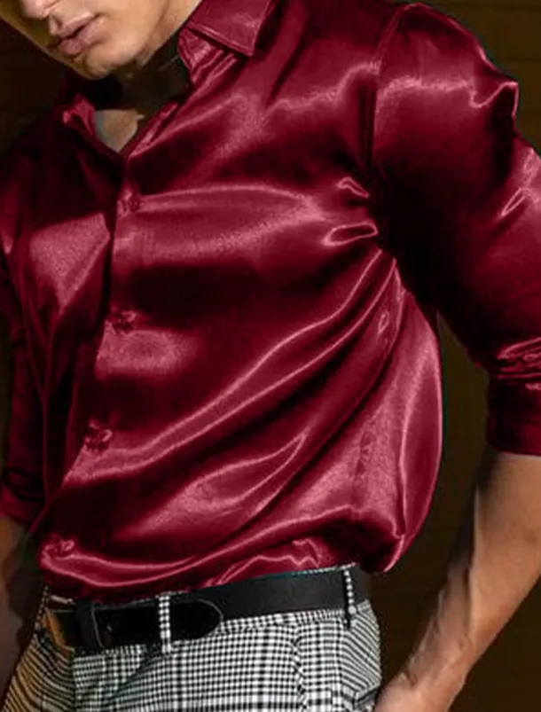 Men's Shirt Satin Shirt Casual Shirt Button Up Shirt Plain Wedding Vacation Black White Blue Red Long Sleeve Lapel Spring & Summer Clothing Apparel