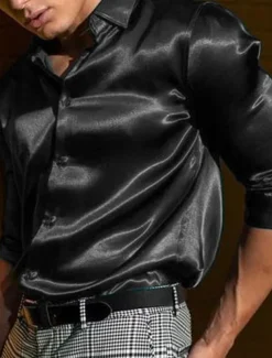 Men's Shirt Satin Shirt Casual Shirt Button Up Shirt Plain Wedding Vacation Black White Blue Red Long Sleeve Lapel Spring & Summer Clothing Apparel