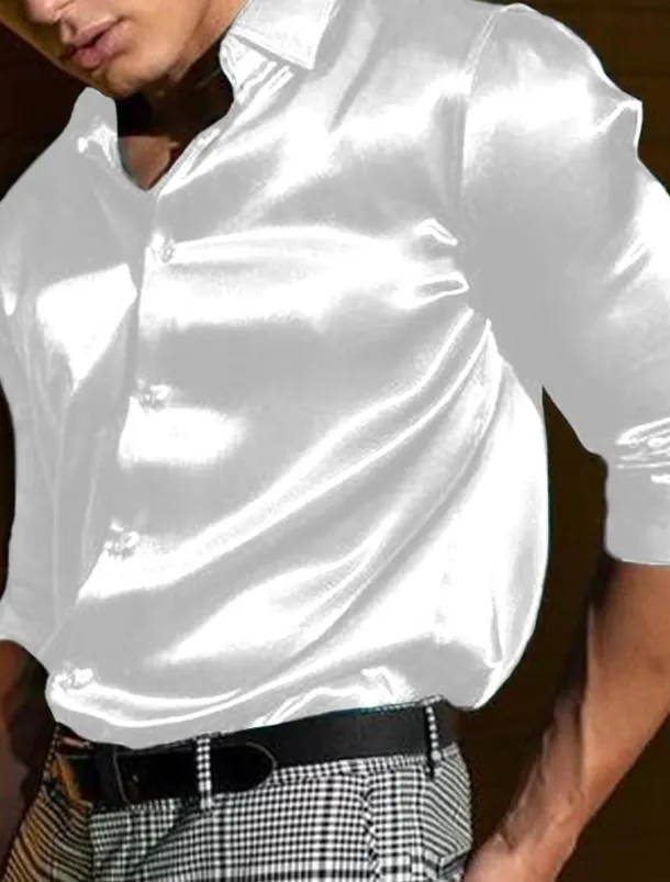 Men's Shirt Satin Shirt Casual Shirt Button Up Shirt Plain Wedding Vacation Black White Blue Red Long Sleeve Lapel Spring & Summer Clothing Apparel