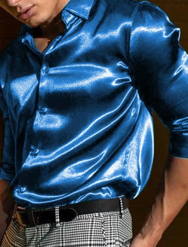 Men's Shirt Satin Shirt Casual Shirt Button Up Shirt Plain Wedding Vacation Black White Blue Red Long Sleeve Lapel Spring & Summer Clothing Apparel
