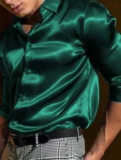 Men's Shirt Satin Shirt Casual Shirt Button Up Shirt Plain Wedding Vacation Black White Blue Red Long Sleeve Lapel Spring & Summer Clothing Apparel