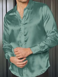 Men's Shirt Satin Shirt Casual Shirt Button Up Shirt Plain Wedding Vacation Black White Blue Red Long Sleeve Lapel Spring & Summer Clothing Apparel