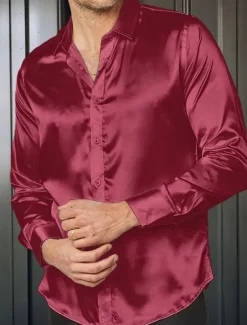 Men's Shirt Satin Shirt Casual Shirt Button Up Shirt Plain Wedding Vacation Black White Blue Red Long Sleeve Lapel Spring & Summer Clothing Apparel