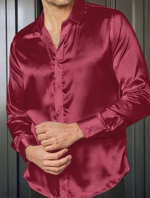 Men's Shirt Satin Shirt Casual Shirt Button Up Shirt Plain Wedding Vacation Black White Blue Red Long Sleeve Lapel Spring & Summer Clothing Apparel