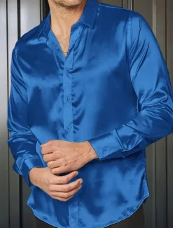 Men's Shirt Satin Shirt Casual Shirt Button Up Shirt Plain Wedding Vacation Black White Blue Red Long Sleeve Lapel Spring & Summer Clothing Apparel