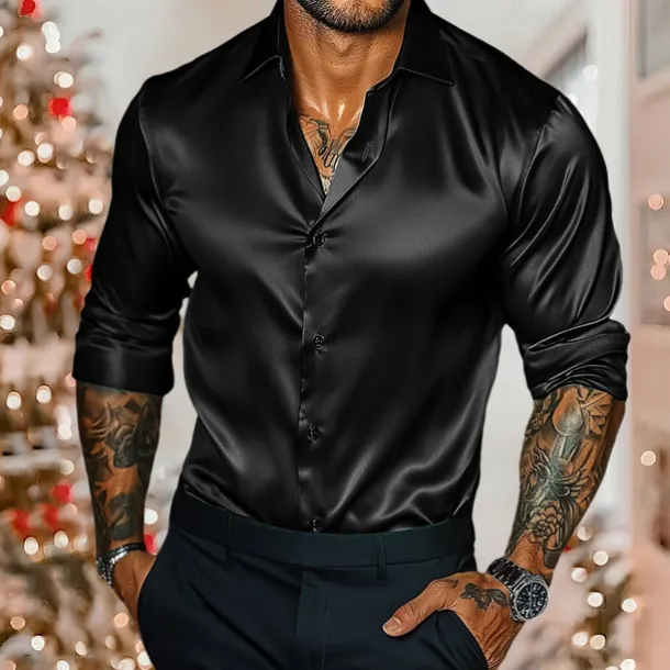 Men's Shirt Satin Shirt Casual Shirt Button Up Shirt Plain Wedding Vacation Black White Burgundy Royal Blue Long Sleeve Collar Winter Spring & Fall Clothing Apparel