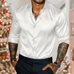 Men's Shirt Satin Shirt Casual Shirt Button Up Shirt Plain Wedding Vacation Black White Burgundy Royal Blue Long Sleeve Collar Winter Spring & Fall Clothing Apparel
