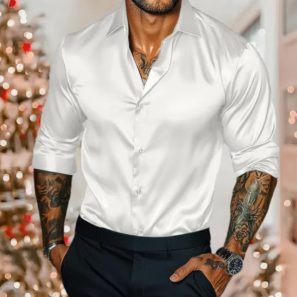 Men's Shirt Satin Shirt Casual Shirt Button Up Shirt Plain Wedding Vacation Black White Burgundy Royal Blue Long Sleeve Collar Winter Spring & Fall Clothing Apparel