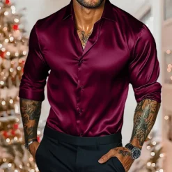Men's Shirt Satin Shirt Casual Shirt Button Up Shirt Plain Wedding Vacation Black White Burgundy Royal Blue Long Sleeve Collar Winter Spring & Fall Clothing Apparel