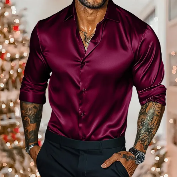 Men's Shirt Satin Shirt Casual Shirt Button Up Shirt Plain Wedding Vacation Black White Burgundy Royal Blue Long Sleeve Collar Winter Spring & Fall Clothing Apparel