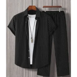 Men's Shirt Set T-shirt Suits 2 Pieces Outfits Tee & Shorts Short Sleeve Shirt Collar Summer Stripes Fashion Casual 2 Piece Vacation Daily Wear Going out Black Red Brown Top Tee for Men