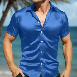 Men's Shirt Silk Like Satin Shirt Summer Shirt Beach Wear Casual Shirt Plain Vacation Daily White Blue Green Short Sleeve Lapel Summer Clothing Apparel