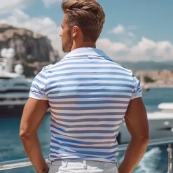 Men's Shirt Striped Horizontal Stripes Casual Cable Knit Polo Short Sleeve Outdoor Causal Casual Summer Print Turndown Black Blue Micro-elastic 48% cotton, 48% polyester, 4% spandex