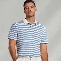 Men's Shirt Striped Horizontal Stripes Casual Cable Knit Polo Short Sleeve Outdoor Causal Casual Summer Print Turndown Black Blue Micro-elastic 48% cotton, 48% polyester, 4% spandex