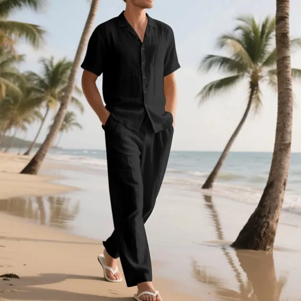 Men's Shirt Suits Shirt and Pant Sets 2 Pieces Outfits Short Sleeve Lapel Summer Plain Fashion Casual 2 Piece Vacation Daily Wear Going out Black White Khaki Top Tee for Men