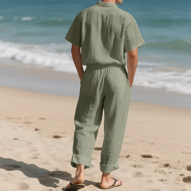 Men's Shirt Suits Shirt and Pant Sets 2 Pieces Outfits Short Sleeve Lapel Summer Plain Fashion Casual 2 Piece Vacation Daily Wear Going out Black White Khaki Top Tee for Men