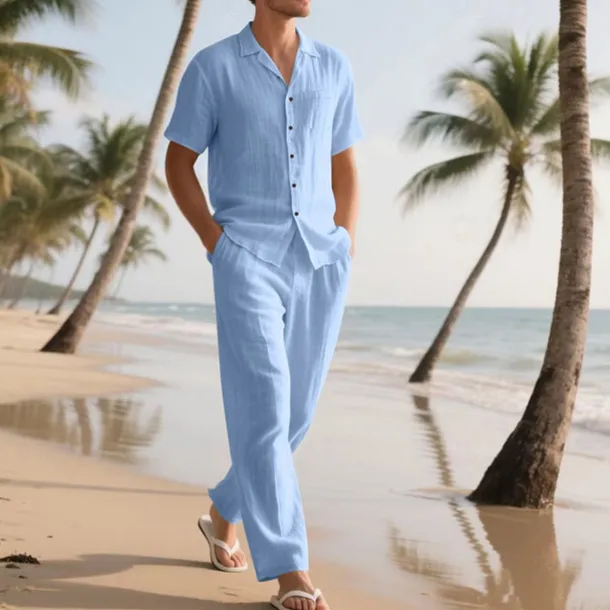 Men's Shirt Suits Shirt and Pant Sets 2 Pieces Outfits Short Sleeve Lapel Summer Plain Fashion Casual 2 Piece Vacation Daily Wear Going out Black White Khaki Top Tee for Men