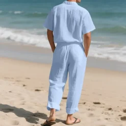 Men's Shirt Suits Shirt and Pant Sets 2 Pieces Outfits Short Sleeve Lapel Summer Plain Fashion Casual 2 Piece Vacation Daily Wear Going out Black White Khaki Top Tee for Men