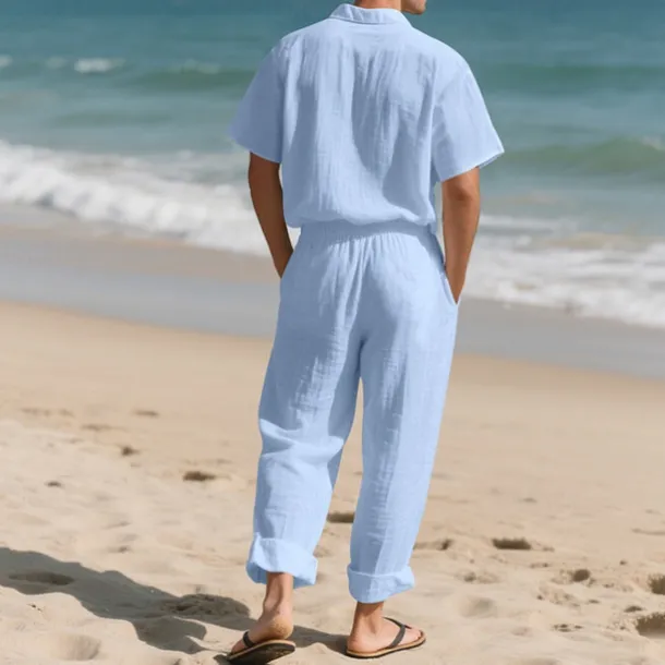 Men's Shirt Suits Shirt and Pant Sets 2 Pieces Outfits Short Sleeve Lapel Summer Plain Fashion Casual 2 Piece Vacation Daily Wear Going out Black White Khaki Top Tee for Men