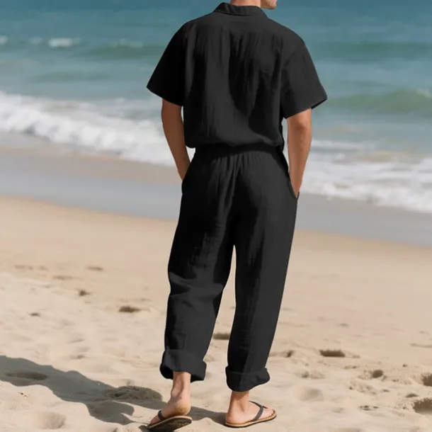 Men's Shirt Suits Shirt and Pant Sets 2 Pieces Outfits Short Sleeve Lapel Summer Plain Fashion Casual 2 Piece Vacation Daily Wear Going out Black White Khaki Top Tee for Men