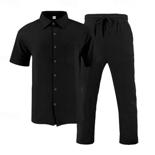 Men's Shirt Suits Shirt and Pant Sets 2 Pieces Outfits Short Sleeve Lapel Summer Plain Fashion Casual 2 Piece Vacation Daily Wear Going out Black White Khaki Top Tee for Men