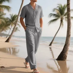 Men's Shirt Suits Shirt and Pant Sets 2 Pieces Outfits Short Sleeve Lapel Summer Plain Fashion Casual 2 Piece Vacation Daily Wear Going out Black White Khaki Top Tee for Men