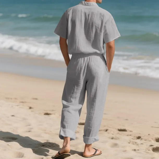 Men's Shirt Suits Shirt and Pant Sets 2 Pieces Outfits Short Sleeve Lapel Summer Plain Fashion Casual 2 Piece Vacation Daily Wear Going out Black White Khaki Top Tee for Men