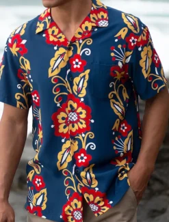 Men's Shirt Summer Hawaiian Shirt Button Up Shirt Casual Shirt Camp Collar Shirt Graphic Prints Flower Turndown Red Blue Street Holiday Short Sleeve Button Print Clothing Apparel Tropical Hawaiian