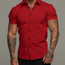 Men's Shirt Summer Shirt Button Up Shirt Black White Red Blue Green Short Sleeve Plain Collar 3D Print Outdoor Casual Clothing Apparel Casual Slim Fit
