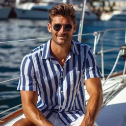 Men's Shirt Summer Shirt Button Up Shirt Casual Shirt Blue Light Blue Short Sleeve Stripes Lapel Daily Wear Vacation Clothing Apparel Fashion Hawaiian Casual Beach