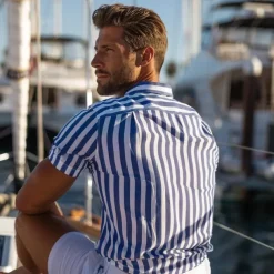 Men's Shirt Summer Shirt Button Up Shirt Casual Shirt Blue Light Blue Short Sleeve Stripes Lapel Daily Wear Vacation Clothing Apparel Fashion Hawaiian Casual Beach