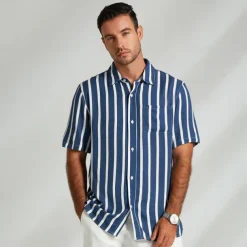 Men's Shirt Summer Shirt Button Up Shirt Casual Shirt Blue Light Blue Short Sleeve Stripes Lapel Daily Wear Vacation Clothing Apparel Fashion Hawaiian Casual Beach