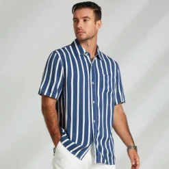 Men's Shirt Summer Shirt Button Up Shirt Casual Shirt Blue Light Blue Short Sleeve Stripes Lapel Daily Wear Vacation Clothing Apparel Fashion Hawaiian Casual Beach