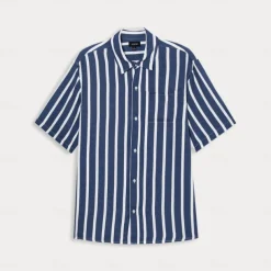 Men's Shirt Summer Shirt Button Up Shirt Casual Shirt Blue Light Blue Short Sleeve Stripes Lapel Daily Wear Vacation Clothing Apparel Fashion Hawaiian Casual Beach