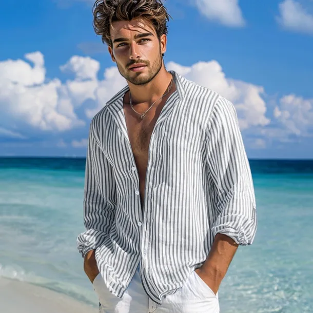 Men's Shirt Summer Shirt Beach Wear Button Up Shirt Casual Shirt Striped Shirt Pink Green Dark Gray Light Blue Long Sleeve Plain Band Collar Daily Vacation Splice Clothing Apparel Fashion Casual