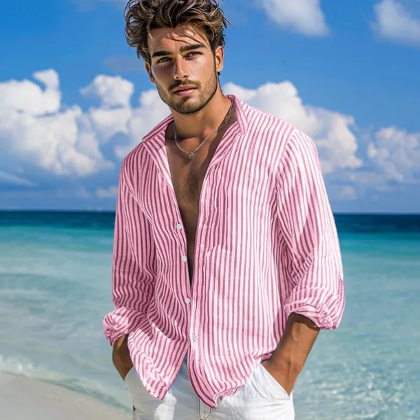 Men's Shirt Summer Shirt Beach Wear Button Up Shirt Casual Shirt Striped Shirt Pink Green Dark Gray Light Blue Long Sleeve Plain Band Collar Daily Vacation Splice Clothing Apparel Fashion Casual