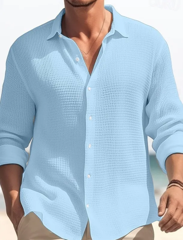 Men's Shirt Summer Shirt Button Up Shirt Casual Shirt Waffle Shirt Black White Blue khaki Long Sleeve Plain Lapel Daily Vacation Clothing Apparel Fashion Casual Comfortable