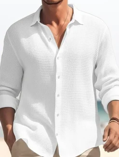 Men's Shirt Summer Shirt Button Up Shirt Casual Shirt Waffle Shirt Black White Blue khaki Long Sleeve Plain Lapel Daily Vacation Clothing Apparel Fashion Casual Comfortable