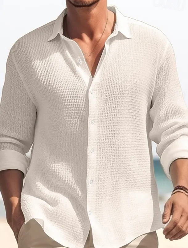 Men's Shirt Summer Shirt Button Up Shirt Casual Shirt Waffle Shirt Black White Blue khaki Long Sleeve Plain Lapel Daily Vacation Clothing Apparel Fashion Casual Comfortable