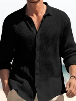 Men's Shirt Summer Shirt Button Up Shirt Casual Shirt Waffle Shirt Black White Blue khaki Long Sleeve Plain Lapel Daily Vacation Clothing Apparel Fashion Casual Comfortable