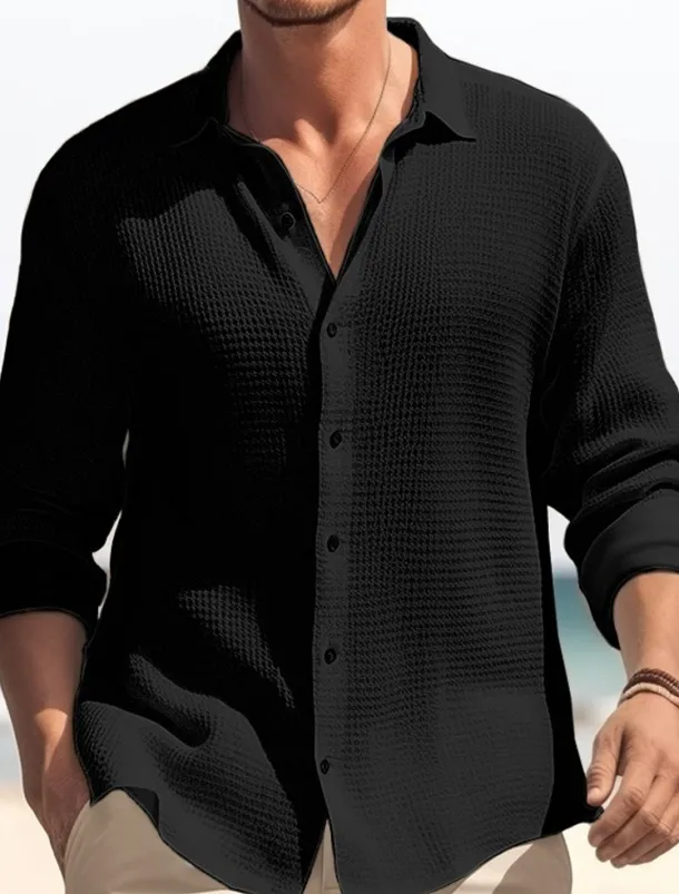 Men's Shirt Summer Shirt Button Up Shirt Casual Shirt Waffle Shirt Black White Blue khaki Long Sleeve Plain Lapel Daily Vacation Clothing Apparel Fashion Casual Comfortable