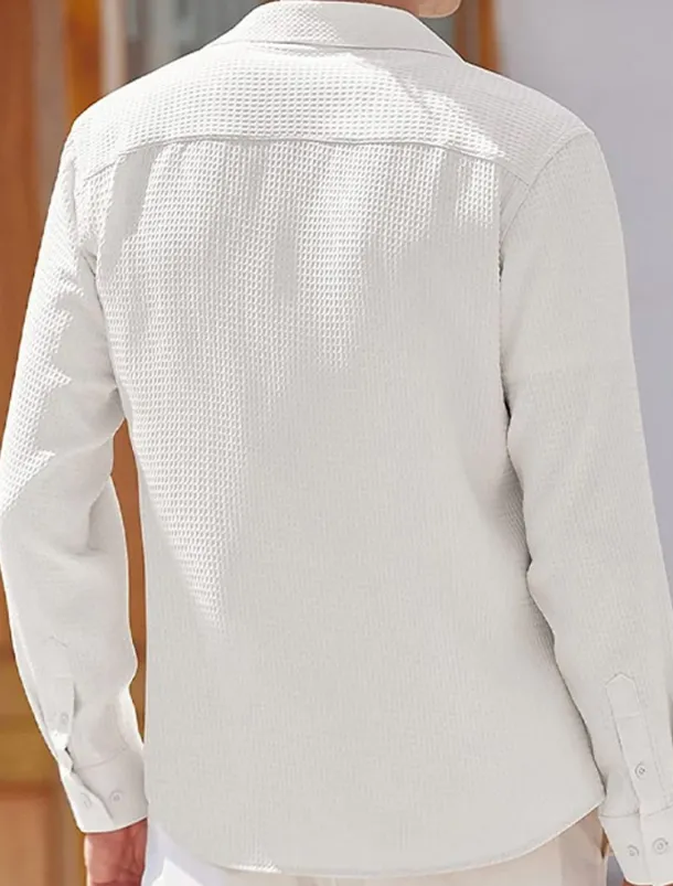 Men's Shirt Summer Shirt Button Up Shirt Casual Shirt Waffle Shirt Black White Blue khaki Long Sleeve Plain Lapel Daily Vacation Clothing Apparel Fashion Casual Comfortable
