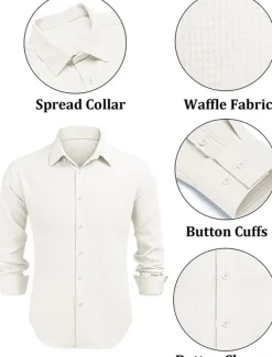 Men's Shirt Summer Shirt Button Up Shirt Casual Shirt Waffle Shirt Black White Blue khaki Long Sleeve Plain Lapel Daily Vacation Clothing Apparel Fashion Casual Comfortable