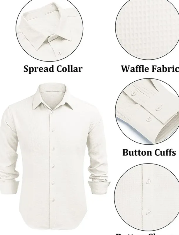 Men's Shirt Summer Shirt Button Up Shirt Casual Shirt Waffle Shirt Black White Blue khaki Long Sleeve Plain Lapel Daily Vacation Clothing Apparel Fashion Casual Comfortable