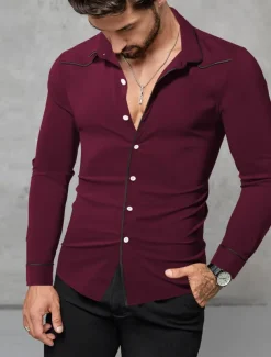 Men's Shirt Summer Shirt Button Up Shirt Casual Shirt Black Wine Dark Blue Coffee Long Sleeve Plain Lapel Daily Vacation Clothing Apparel Fashion Casual Comfortable