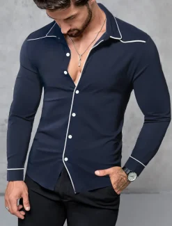 Men's Shirt Summer Shirt Button Up Shirt Casual Shirt Black Wine Dark Blue Coffee Long Sleeve Plain Lapel Daily Vacation Clothing Apparel Fashion Casual Comfortable